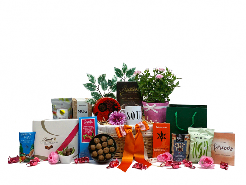 Anniversary flowers and Treats Gift Basket