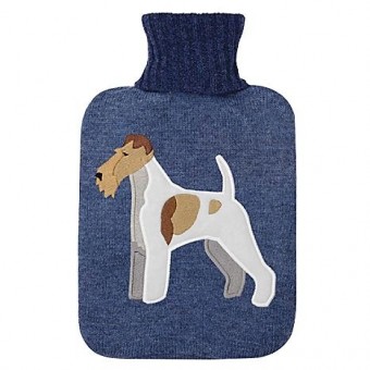 Fox Terrier Blue Knitted Hot Water Bottle with Cover by Aroma Home